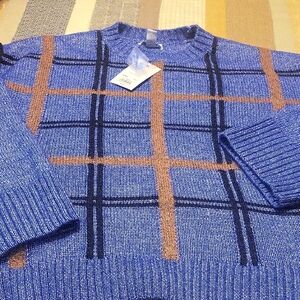 Nine West Blue and Brown Checkered Crewneck Sweater
